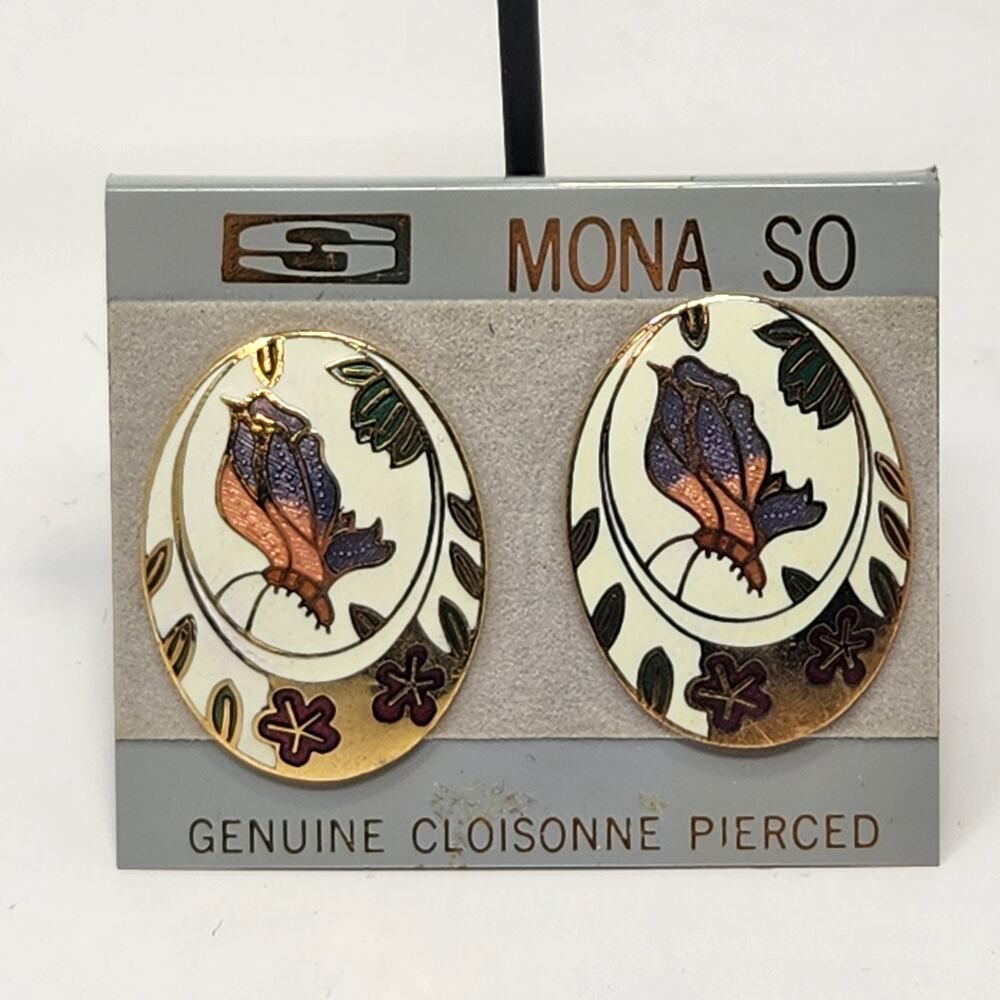 Mona So Cloisonne Oval Post Earrings Butterfly Cream Pink Purple Floral Vintage